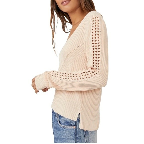 NWT Free People Starlight Ribbed Boho Tunic Open Knit Sweater Cream Size XS NEW - Picture 2 of 13
